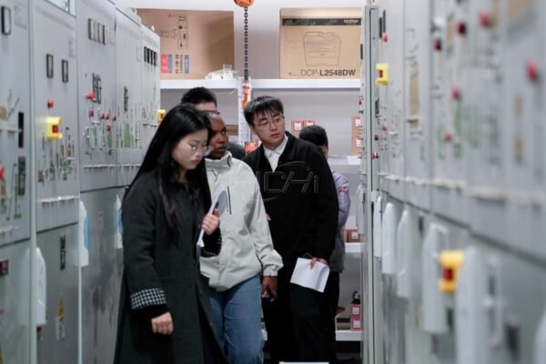 Visitors reviewing pellet plant electrical control cabinets with manufacturing staff
